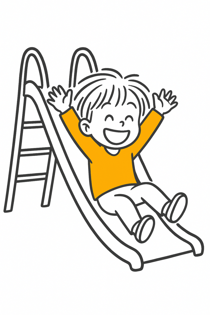 A picture of the brain-friendly mascot happily sliding down a slope, showing the excitement when learning with movies instead of wondering why Duolingo keeps you busy 