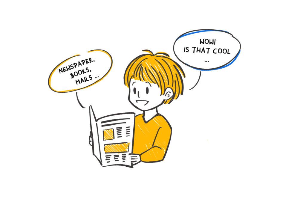 The brain-friendly character Braini reading a newspaper and two speech bubbles stating "Newspapers, books, mails" and "wow is that cool".