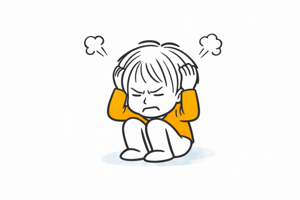 The brain-friendly mascot Braini is sitting on the floor looking upset and steam coming out of his ears.