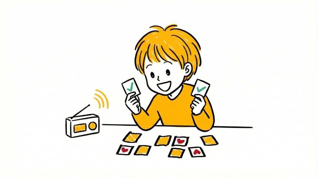 The brain-friendly mascot Braini playing memory cards while listening to the radio showcasing Faster Learning.