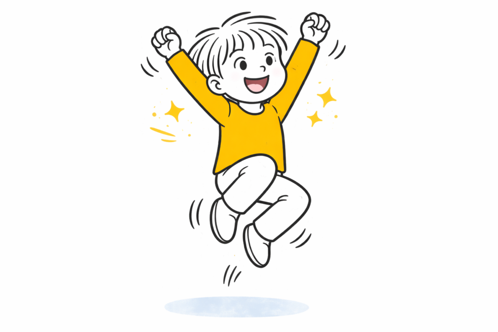 The brain-friendly mascot Braini jumping into the sky with excitement because he finally knows how to practice a language on vacation.
