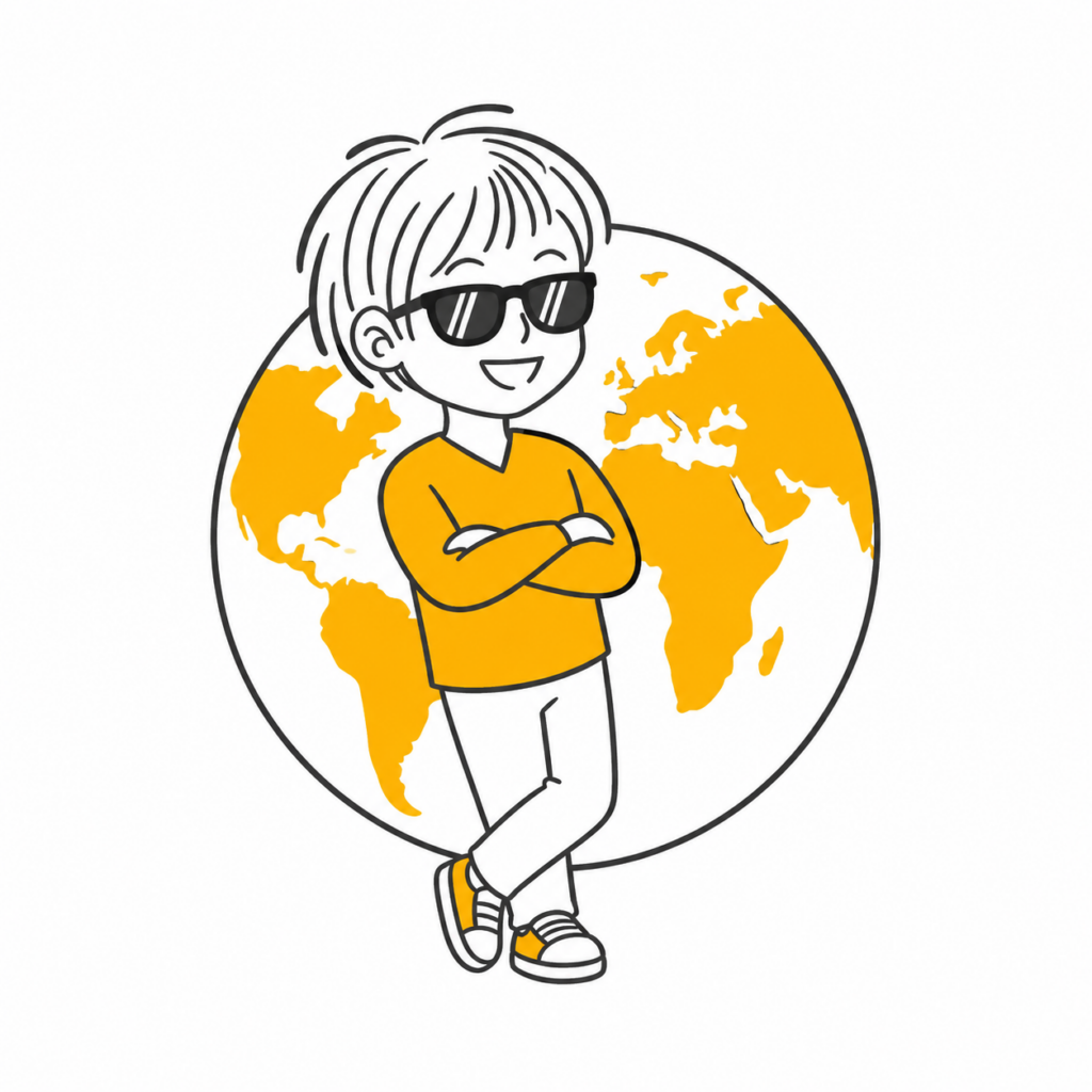 The brain-friendly mascot leaning on a globe and looking relaxed because he knows where he can actually practice a language on vacation.